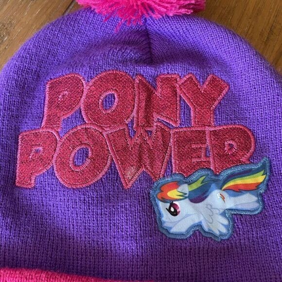 My Little Pony Rainbow Dash Hat Beanie & Gloves Set Girls 6-8 Pink Purple Pom - Picture 6 of 6